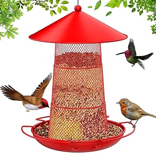 Wild Bird Feeder Squirrel Proof, Metal Bird Seed Feeders for Outside Hanging, Retractable Outdoor Feeder with 3 Perches, Heavy Duty Metal Seed Feeders with 6.6lb Large Capacity for Garden Wild Birds