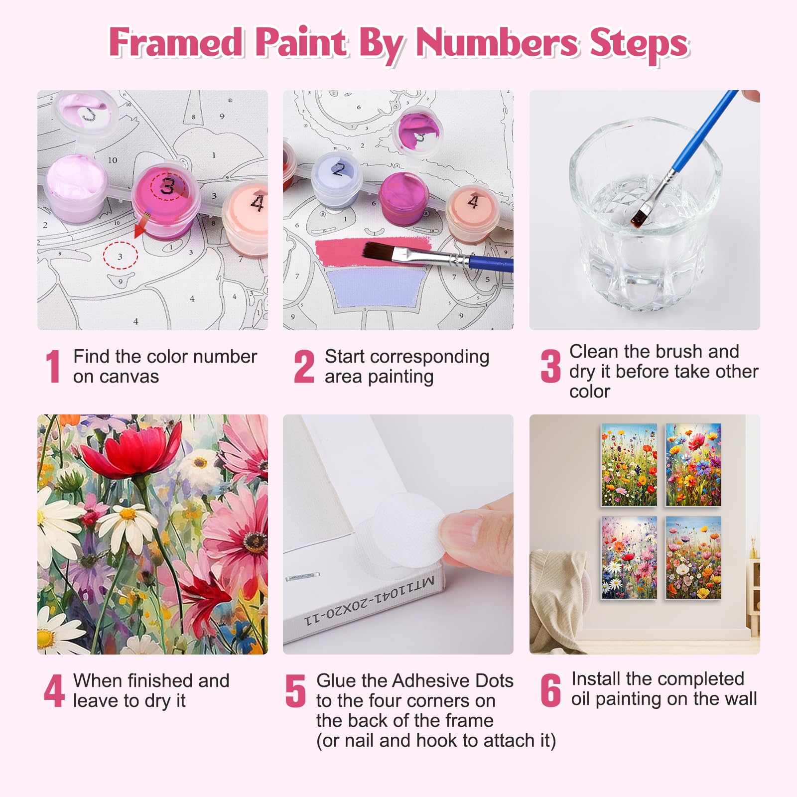 NAIMOER 4Pack Flor Salvaje Pintar por Numeros y Marco Stent Adultos, Flores de Ventana Pintura Digital en Lienzo para Niños Adultos Decoración del Hogar 20x30cm