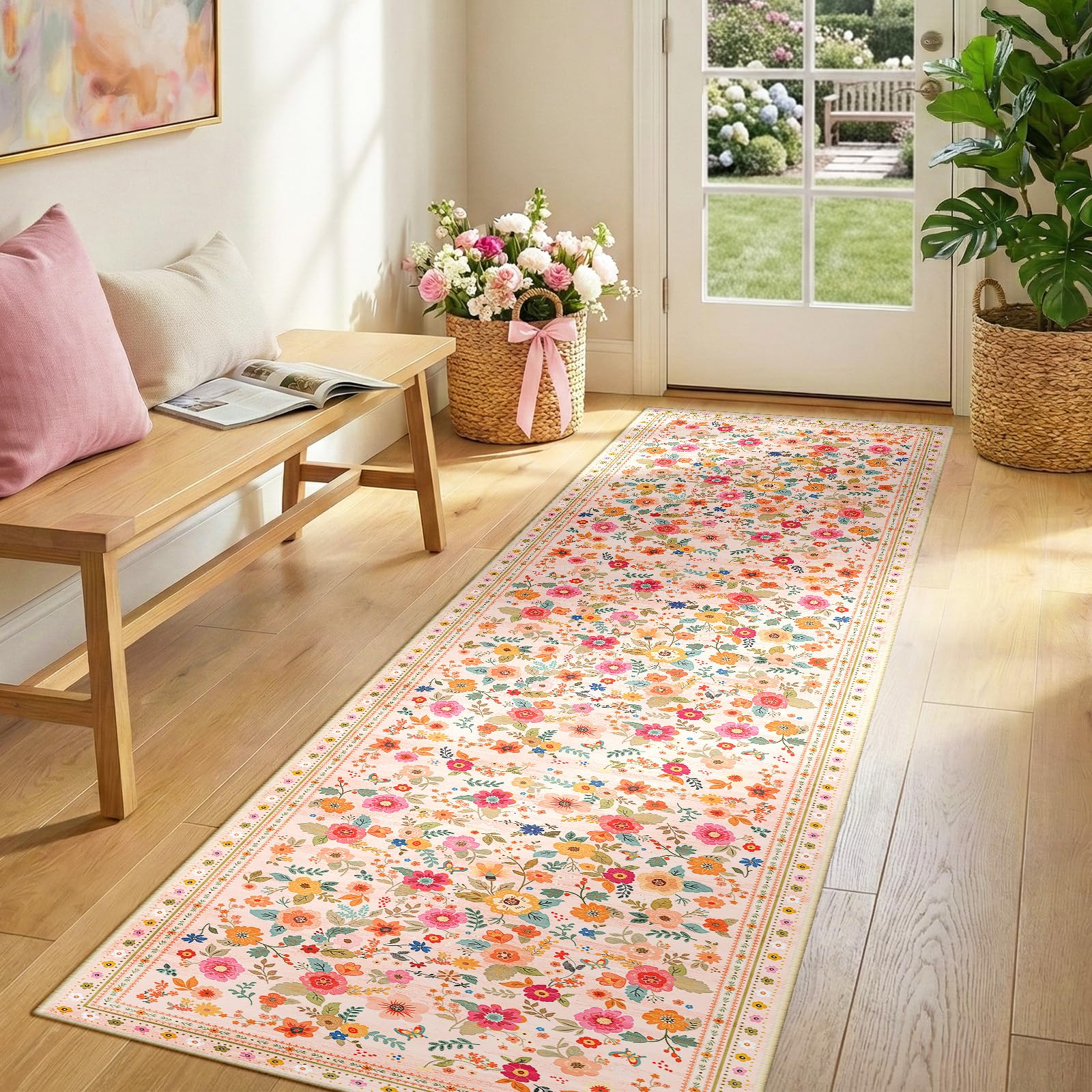 INOVADAY Machine Washable Rug 60x240 cm Non-Slip Low Pile Floral Print Runner Area Rug for Hallway Kitchen Entryway Bedside Living Room Bedroom Pink/Beige