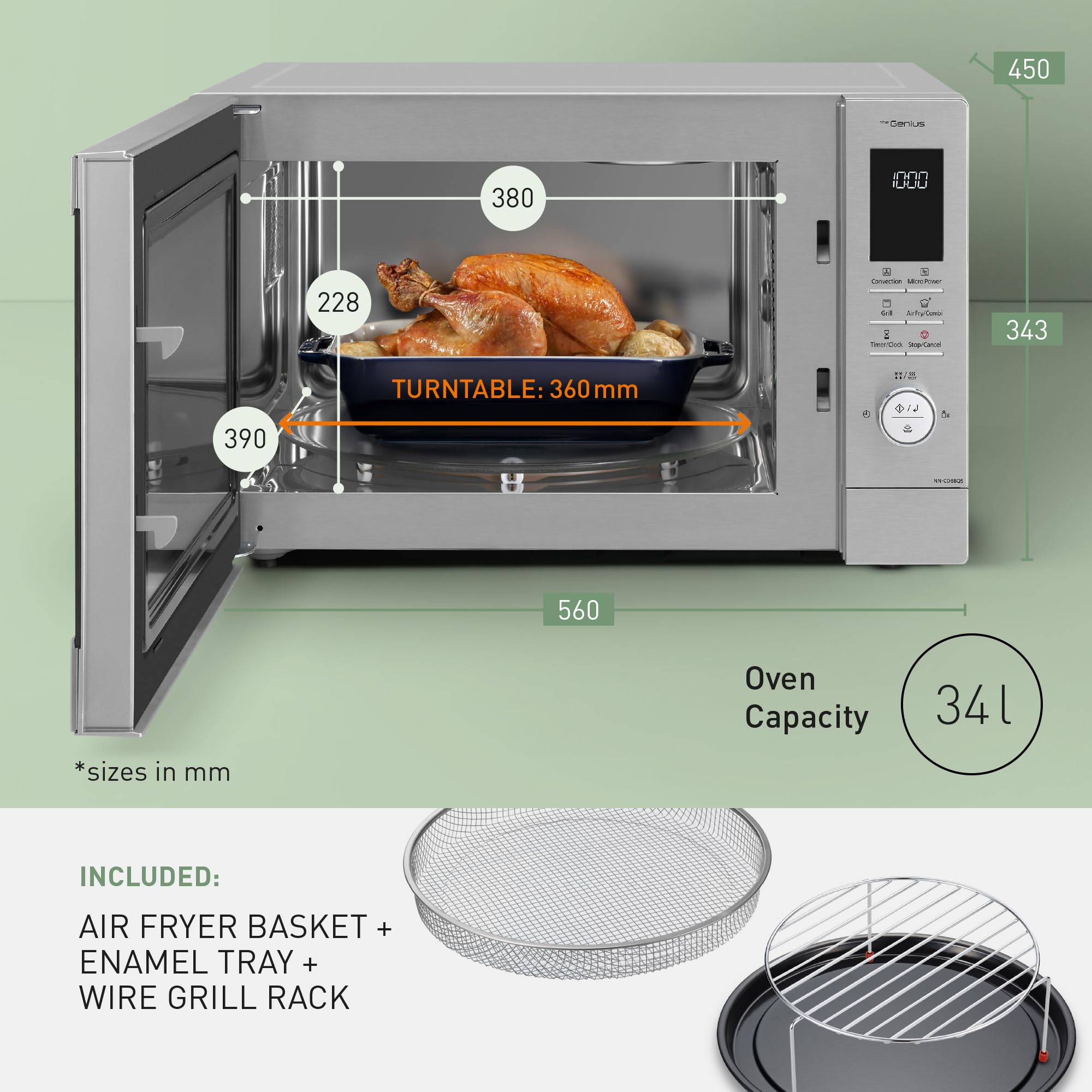 Panasonic NN-CD88QSEPG Air Fry Combi Horno Microondas de 34 L con Grill De Cuarzo, 1000 W, Descongelación Automática, Sensor Genius, Acero Inoxidable, Plateado