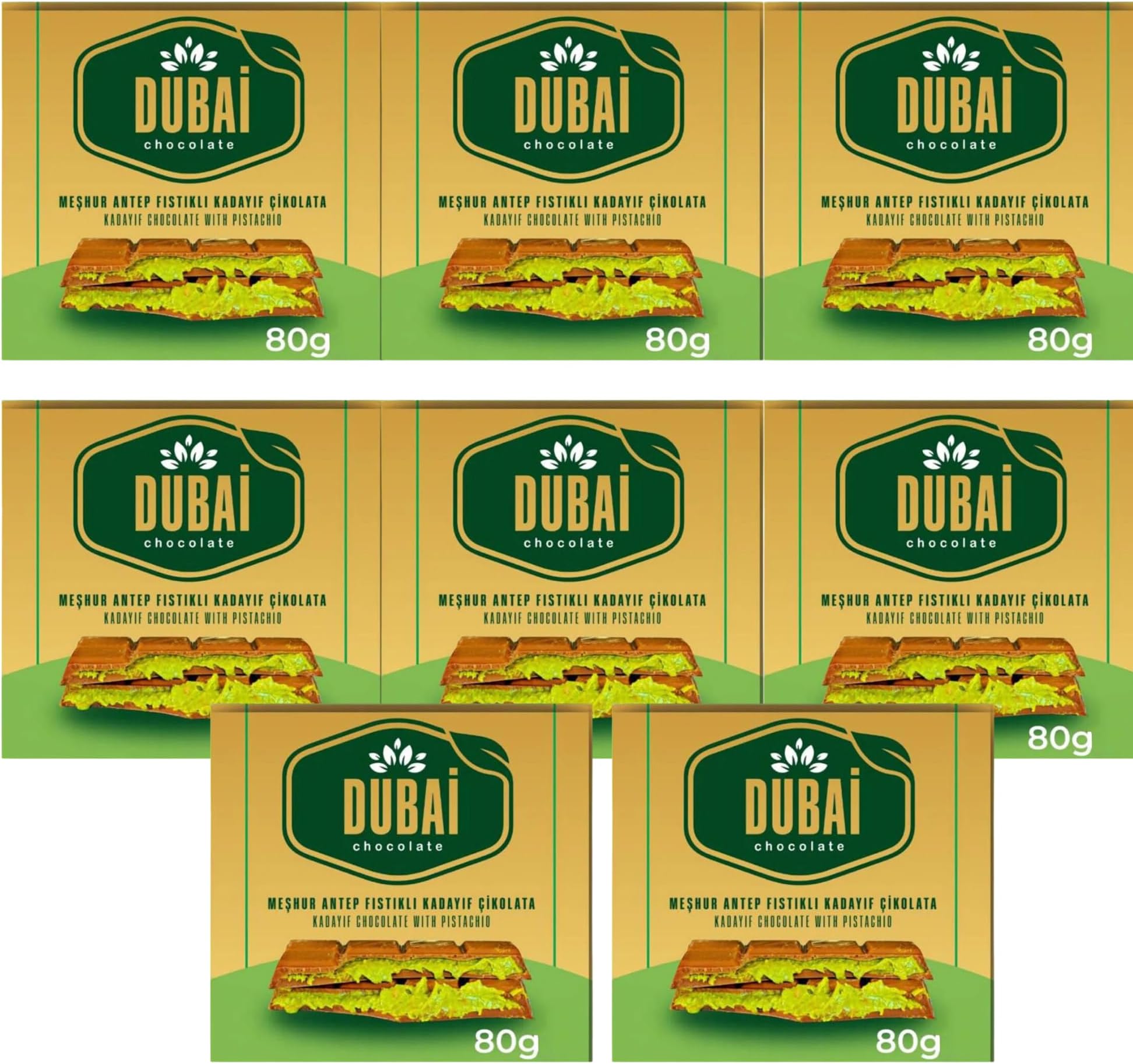 Dubai Chocolate Bar with Kadayif and Pistachio Cream 80g Dubai Kunefe knafeh Chocolate Small Gifts for Snack Treats Kids Family & Friend (Pack of 8)