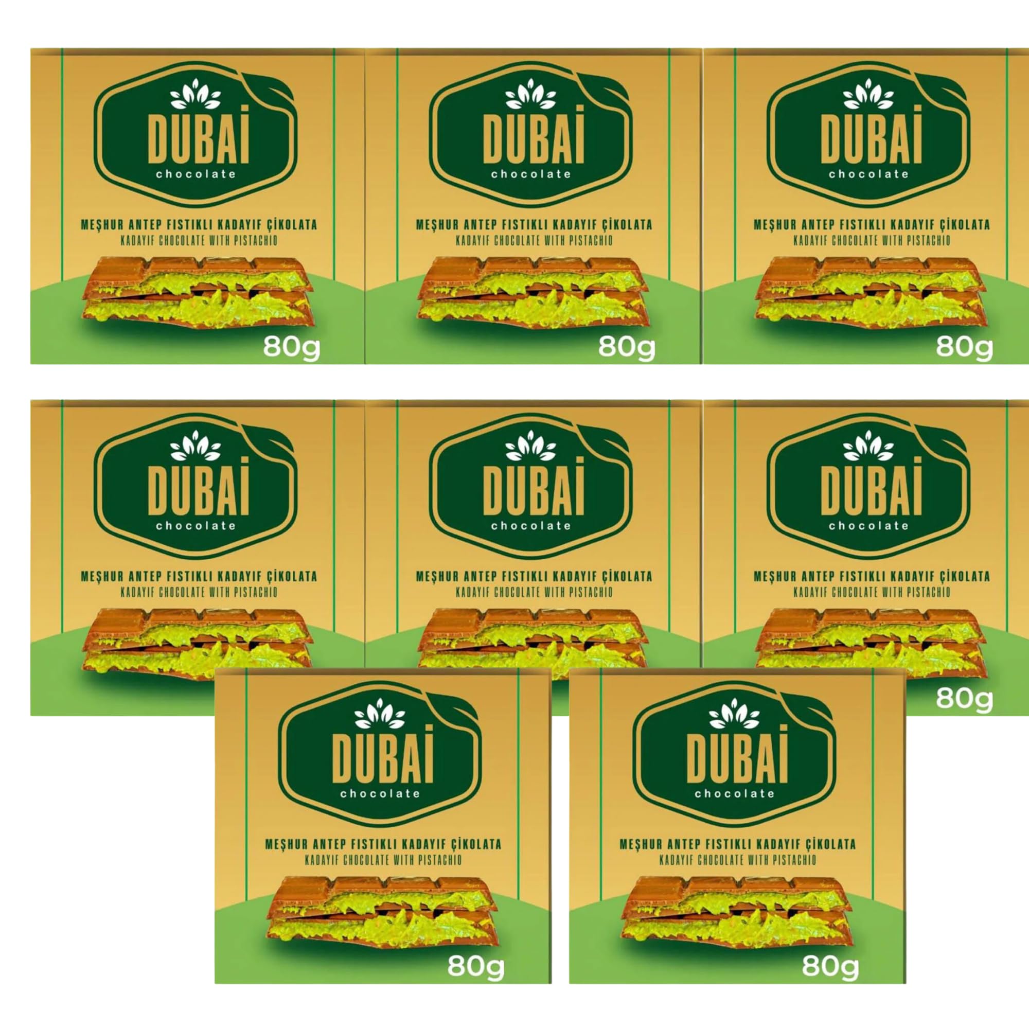 Dubai Chocolate Bar with Kadayif and Pistachio Cream 80g Dubai Kunefe knafeh Chocolate Small Gifts for Snack Treats Kids Family & Friend (Pack of 8)