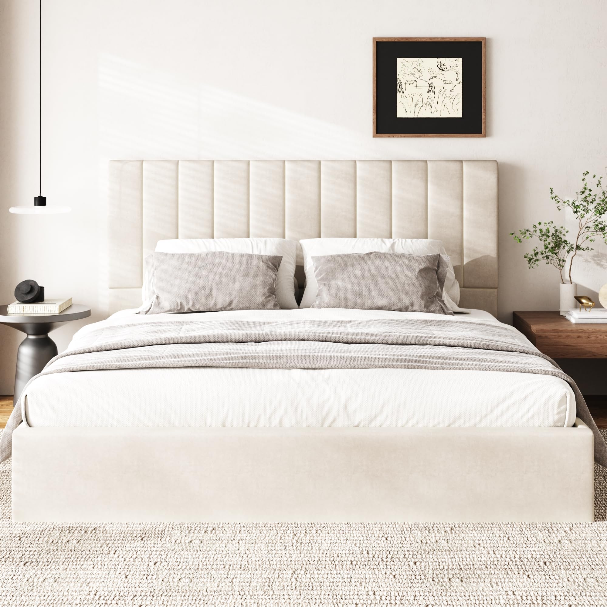 Sismplly King Size Cloud Bed Frame with 47" Tall Headboard, Velvet Upholstered Platform Bed with Thickened Sides & Footboard, Modern Floor-Standing Design, No Box Spring Needed, Easy Assembly, Beige (Footboard only)