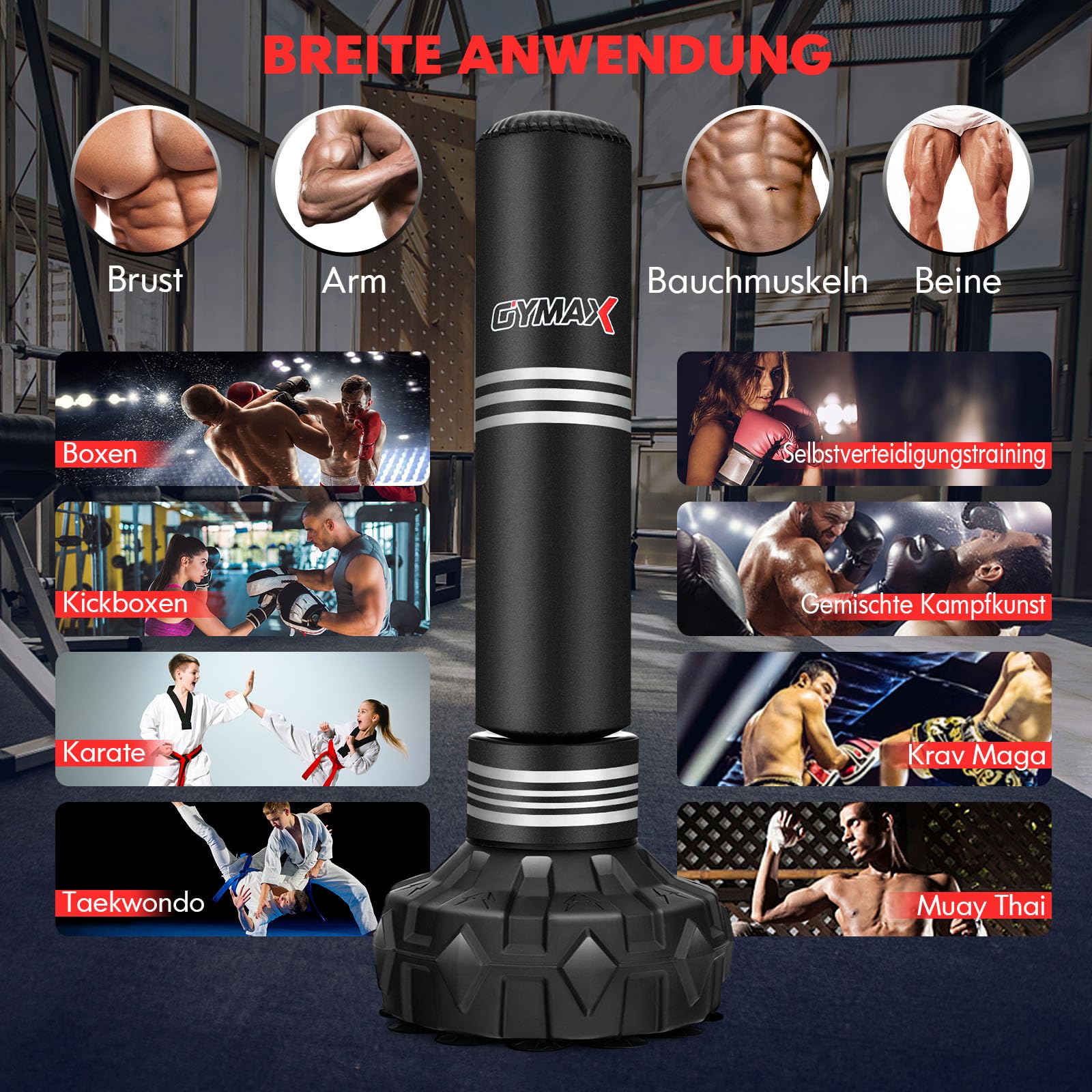 GYMAX Boxsack Stehend Erwachsene Jugendliche, 170 cm Freistehender Standboxsack mit auffüllbarer Saugnapf-Basis, Punching Bag für Muay Thai, MMA, Boxtraining