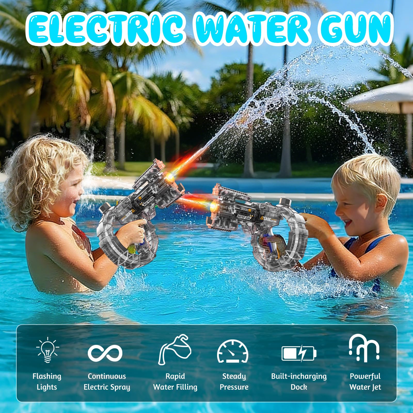Pistola de Agua eléctrica, Pistola de Agua motorizada de Largo Alcance con Pistolas realistas, bozal, Llama, Recargable, Pistola de Agua automática, Juguetes de natación