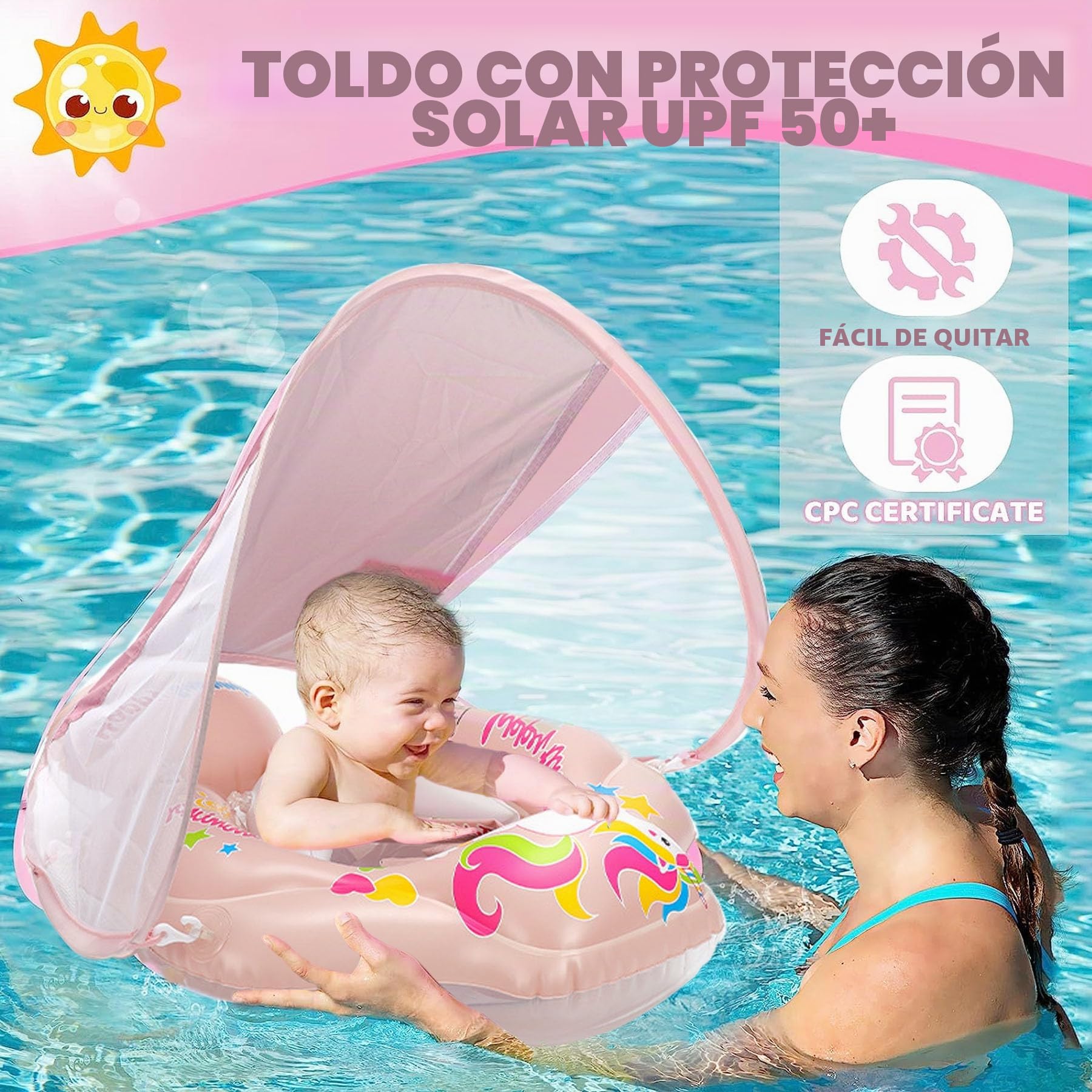 Flotador de natación para bebé con toldo extraíble, Flotador para bebé a Partir de 3 – 36 Meses, Correa de Hombro Ajustable, Flotador antivuelco, Flotador Inflable para bebé