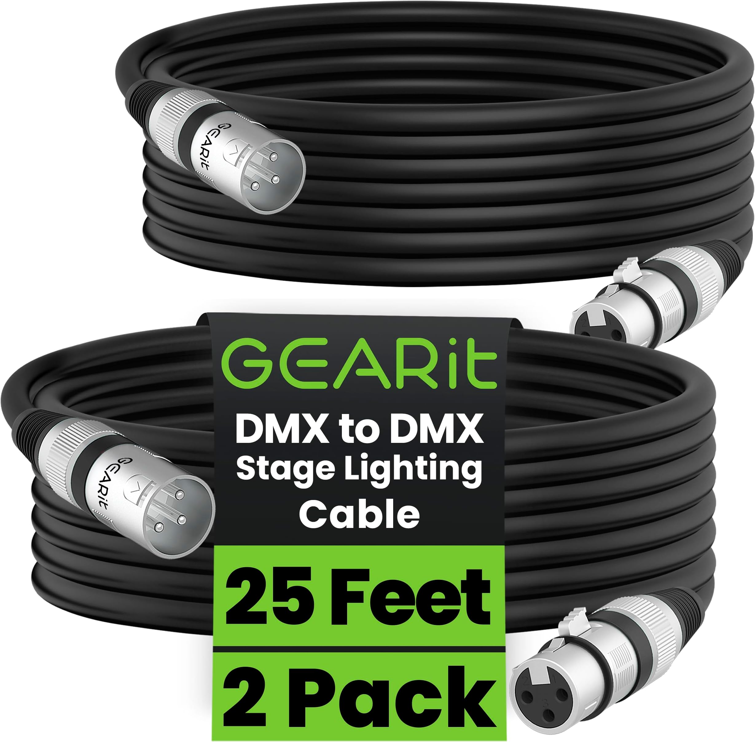 GearIT DMX Stage Lighting Cable - 25 Feet, 2-Pack (XLR Compatible) 3-Pin Balanced Shielded for DJ LED Moving Head Par Light, Mic Mixer, Recording Studio, Podcast