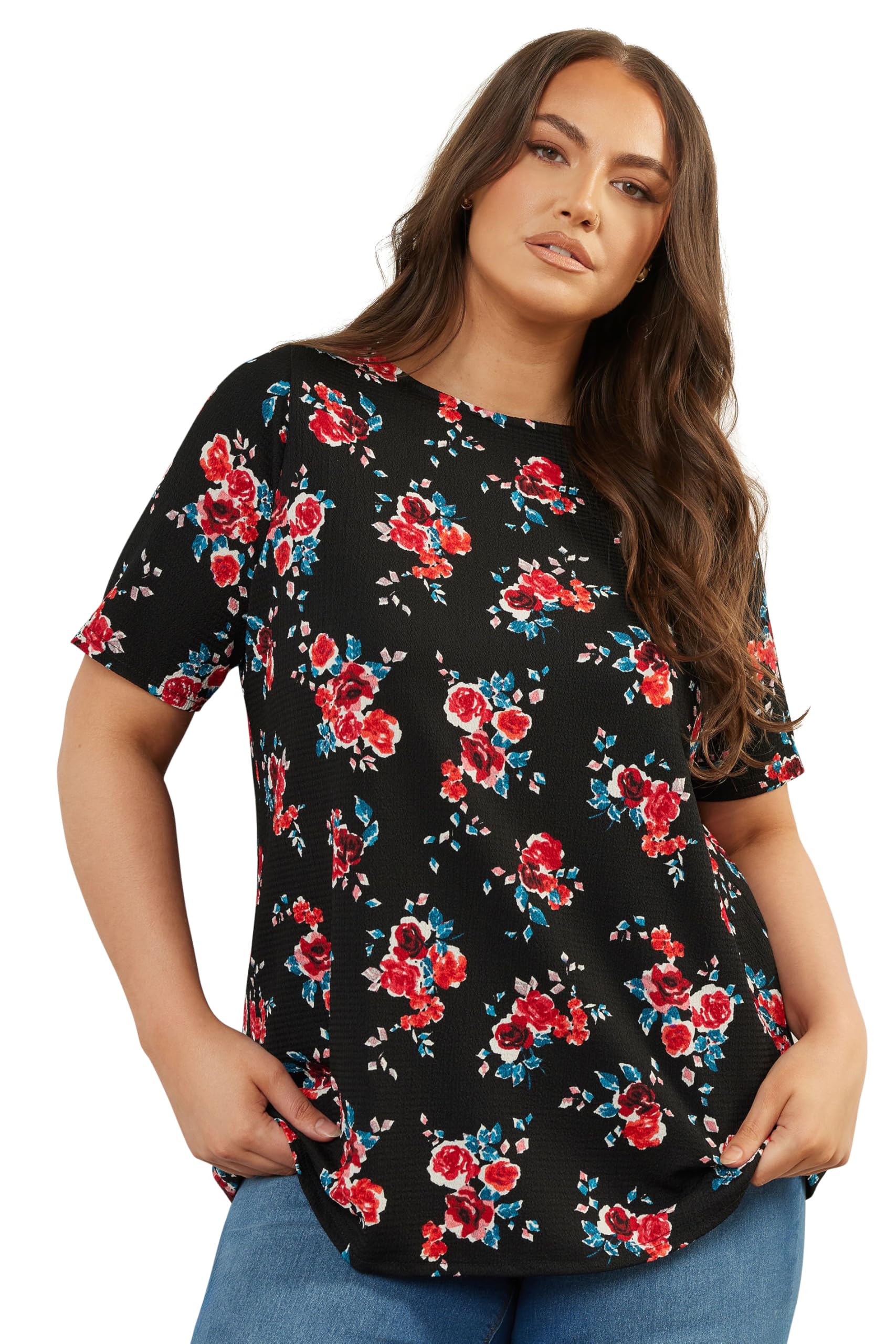 Yours Women's Rose Print Textured Top - Black - Size 20