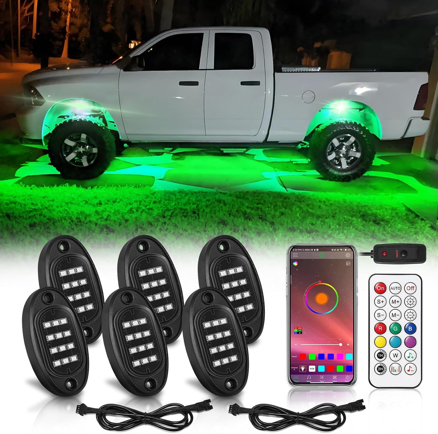 6Pods Chasing RGB LED Rock Lights Kit with APP/RF Remote Control, Dreamcolors Underglow Lights with Brake Multicolor 12V Waterproof Undebody Lights for Trucks Jeep ATV UTV SUV SXS Offroad