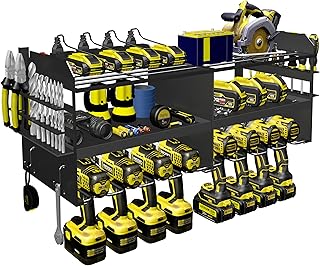 Spaclear Power Tool Organizer with Charging Station,3 Layer Holders Heavy Duty Metal Power Tool Storage Rack with 8 Drill Holders, Garage Tool Organizer and Storage with 8 Outlet Power Strip