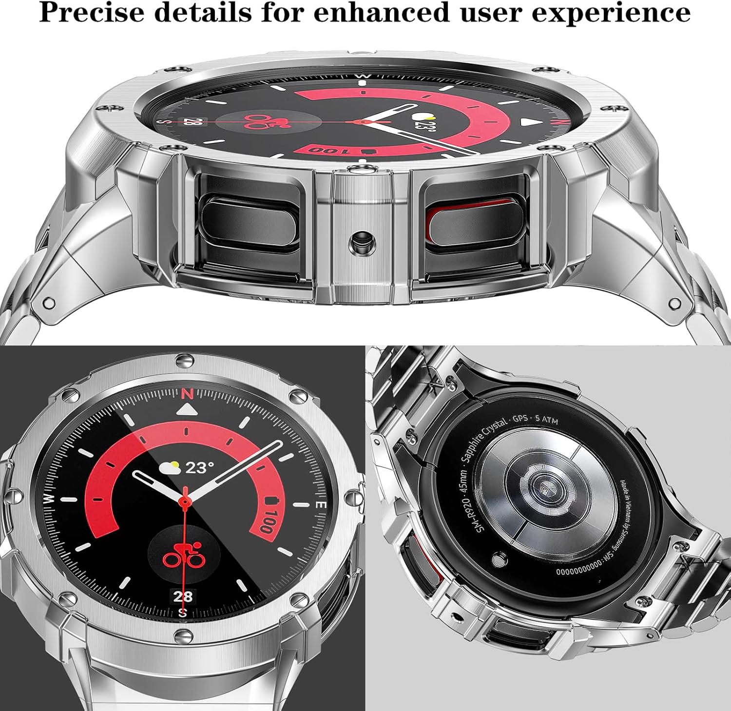SUPLINK Stainless Steel Case and Bands Compatible Samsung Galaxy Watch 5 Pro Bands 45mm, Solid Metal Protective Rugged Case Adjustable Band for Samsung Watch 5 pro Men Business, Silver