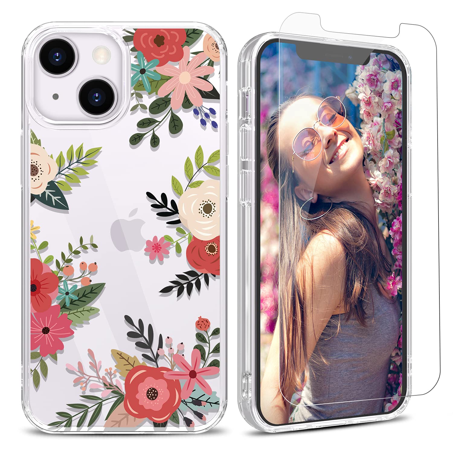 YAYOII Case for iPhone 13 Mini with Screen Protector, Clear Floral Patten Design for Women Girls Soft Flexible TPU Shockproof Protective Flower Cover Slim Fit Thin 5.4-inch 2021-Glorious Morning
