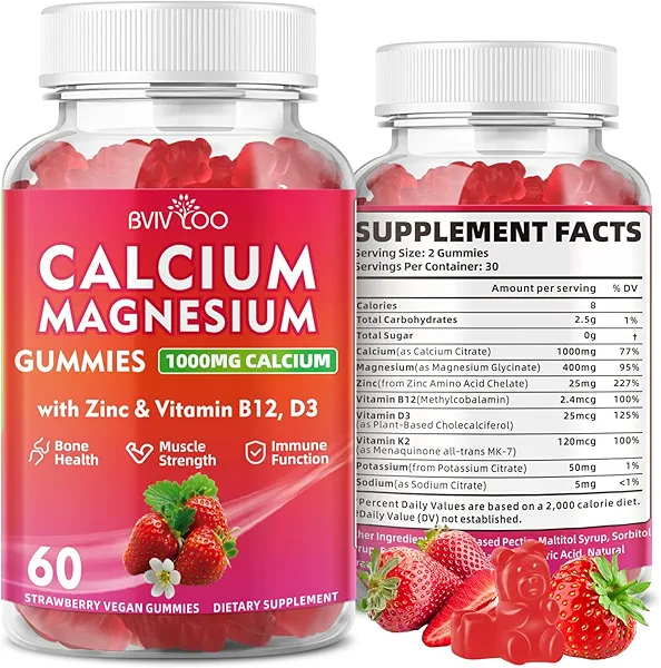 Calcium Gummies 1000mg with Vitamin D3 K2 & B Complex, Potassium, Calcium Magnesium Zinc Gummies for Bone, Muscle, Mood and Immunity - Vegan, Non-GMO, Strawberry Flavor 60 Count