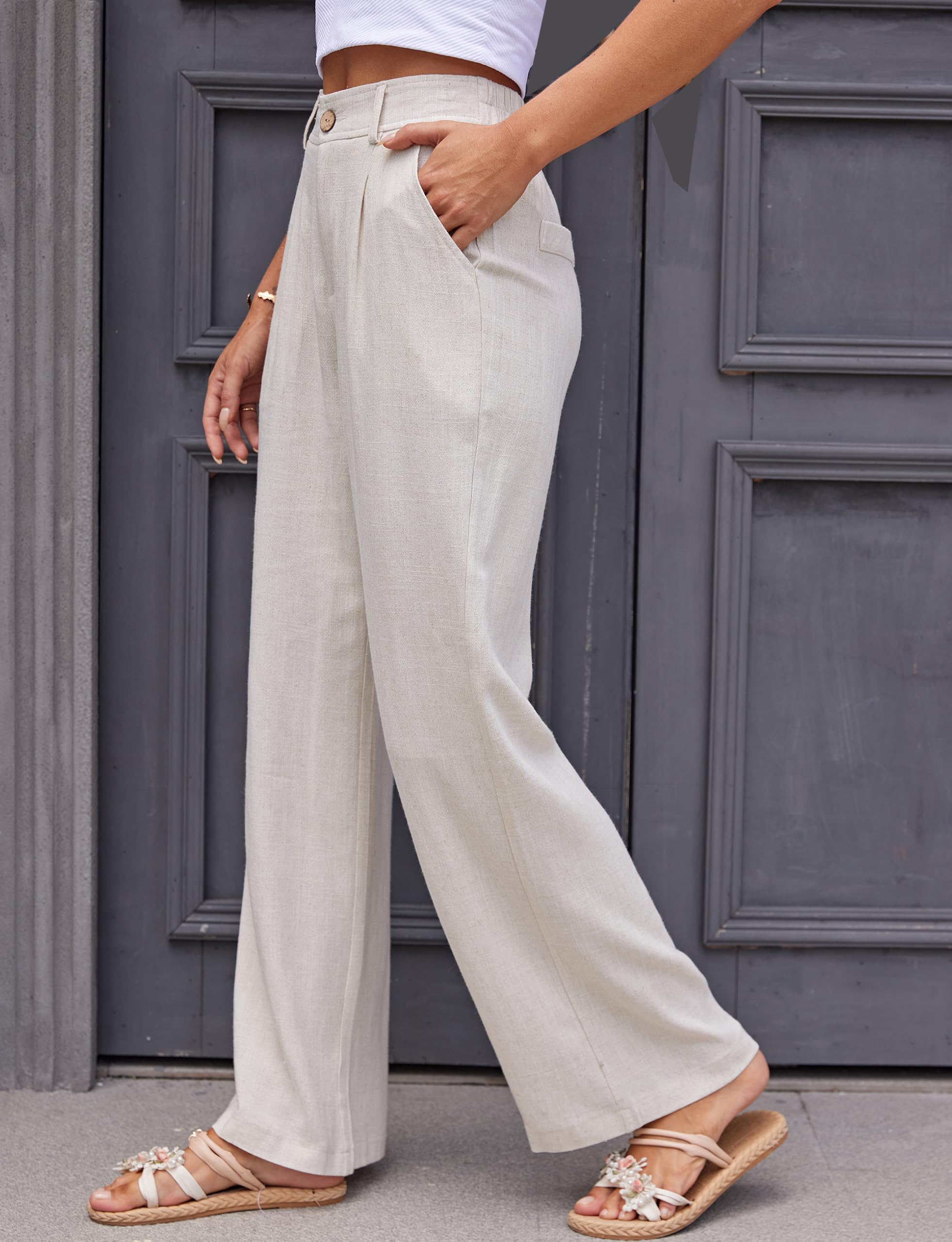 Fakanhui Pantalon habillé en lin pour femme - Pantalon de travail décontracté d'été - Jambe large - Pantalon droit en coton et lin