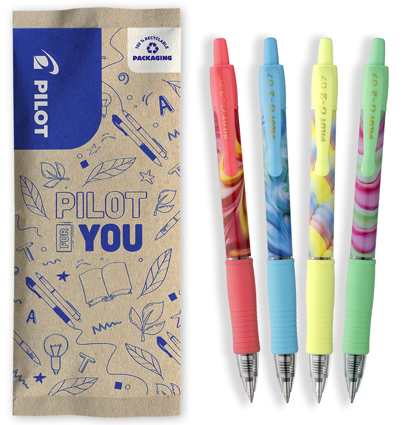 PILOT - Caja de 4 G2 Flow - Edición Limitada - Bolígrafos Roller de Tinta de Gel - Retráctiles y Recargables - Cuerpo Rosa, Azul, Amarillo, Verde - Tinta Azul y Negra - Punta Media