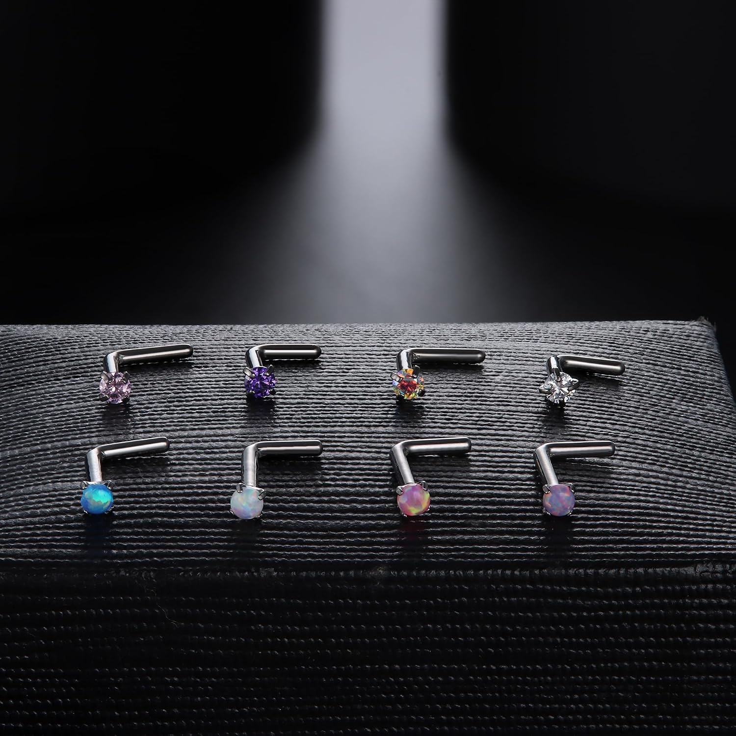 LOYALLOOK 8PCS Nose Rings Studs Titanium Nose Rings CZ Opal L Shaped Screw Studs Rings for Women Nose Screw Studs 18G/20G Samll Nose Stud Corkscrew Nose Rings Piercing Jewelry, 2mm