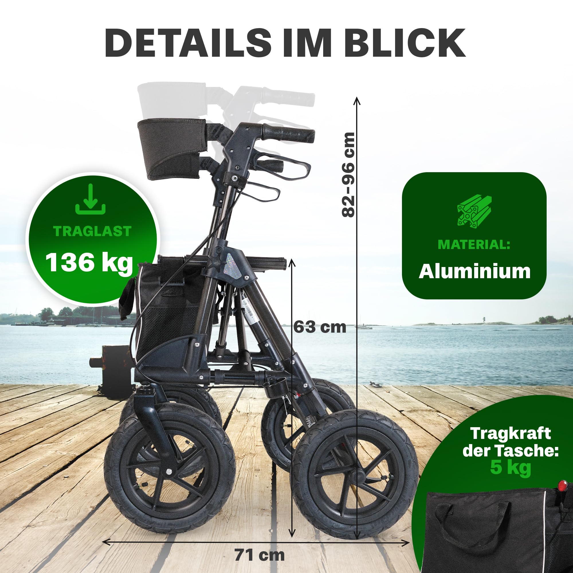 Rollator mit Luftbereifung (30 cm) bequemem Sitz und Lehne - robust leicht und faltbar. Der ideale Geländerollator für draußen in Titanschwarz
