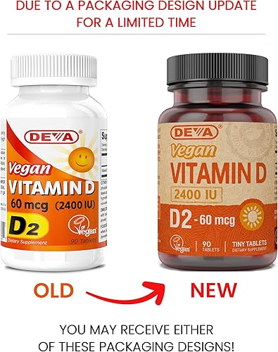 Miniatura 2 de Deva Vitamina D2 vegana 60 mcg 2400 UI, suplemento de ergocalciferol sin ingredientes animales, 90 tabletas, 1 paquete