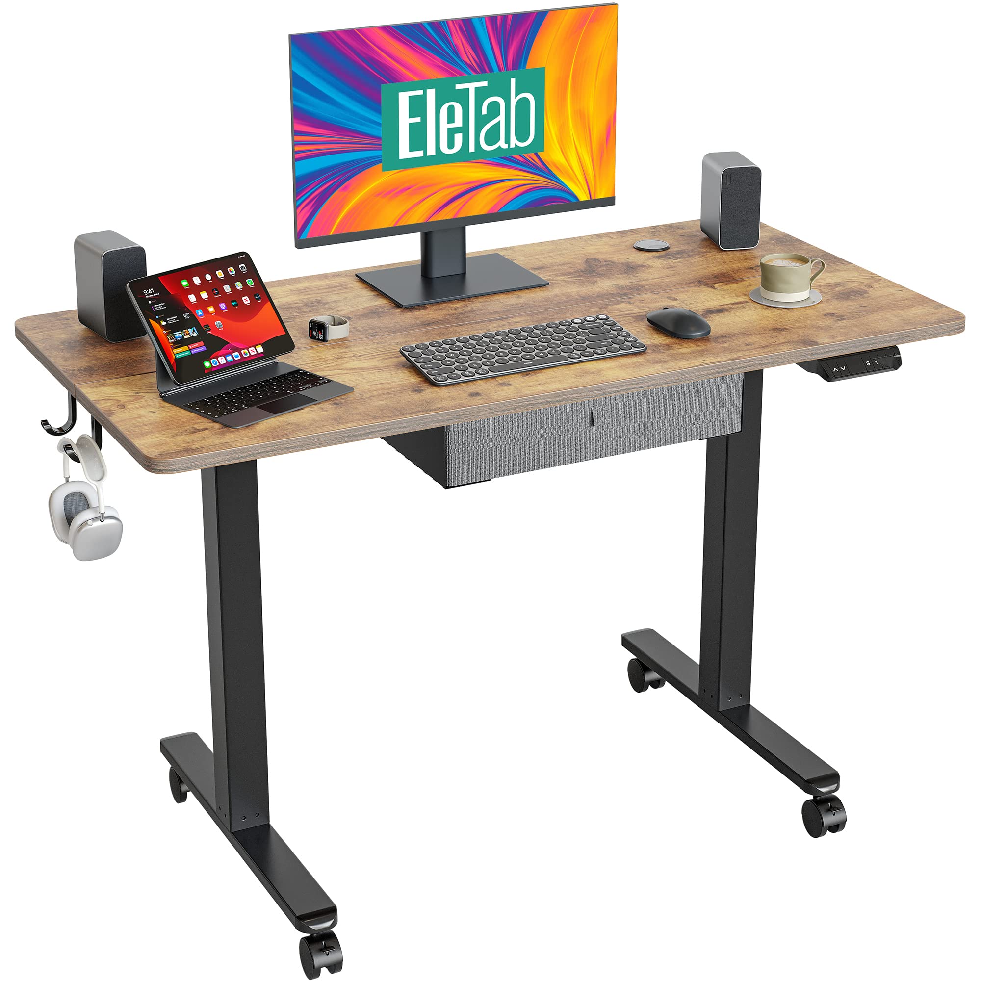 EleTab48 x 24 Inch Electric Standing Desk with Drawer, Stand up Desk Adjustable Height for Home Office, Sit Stand Computer Desk, Ergonomic Workstation Black Steel Frame/Rustic Brown Tabletop