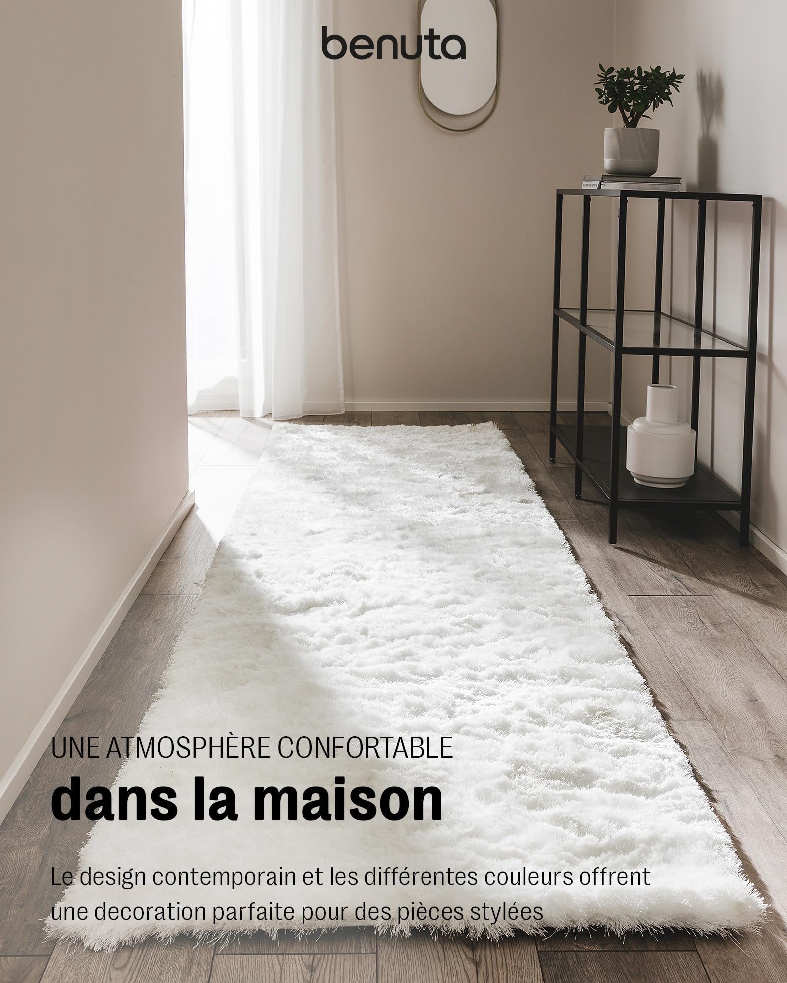 benuta Tapis Shaggy à Poils Longs/Longues mèches Whisper Pas Cher Blanc 200x290 cm - sans Pollution - 100% Polyester - Uni - Tufté à la Main - Salon