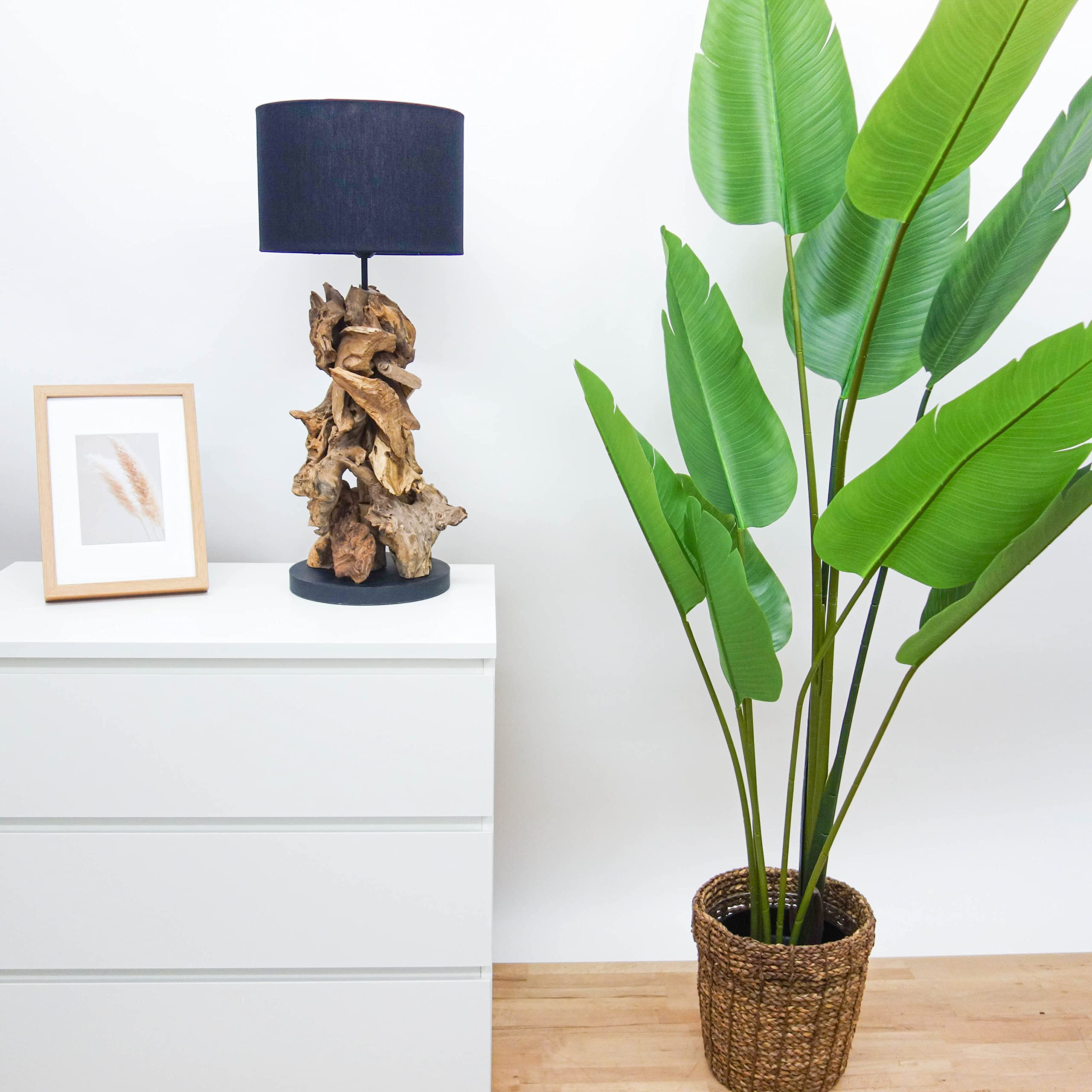 AquaOne Denver Natur I Lámpara de mesa de madera 70 cm madera natural rústica I Muebles de madera decorativa Lámpara de mesa I Hecho a mano con raíz única I Pantalla en negro