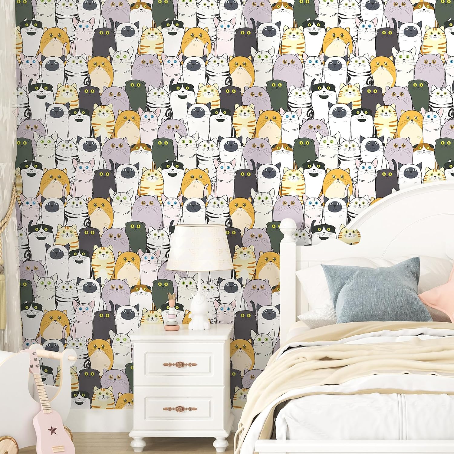 Cat Wallpaper Peel and Stick Cartoon Animal Wallpaper Fun Cute Kitten Self Adhesive Waterproof Contact Paper Multicolored Cat Wall Stickers for Walls Kids Room Nursery Liners Decor 17.5"x102"