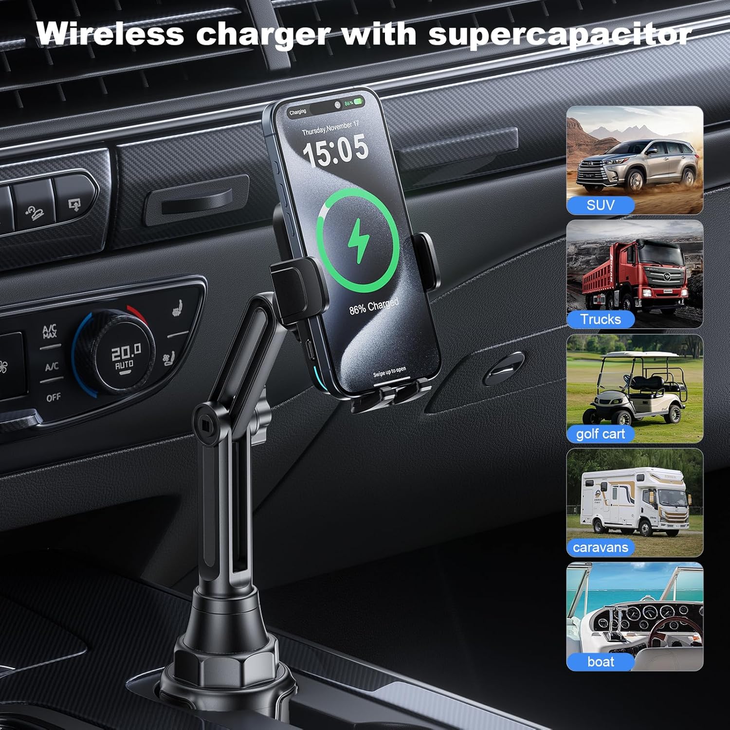 Wireless Car Charger Car Cup Phone Holder 15W Fast Charging Auto Clamping Car Charger Dual Port PD&QC3.0 for iPhone16/15/14/13/12/11 Pro Max Xs, Samsung Galaxy S24 Ultra S23 S22 S21 S20