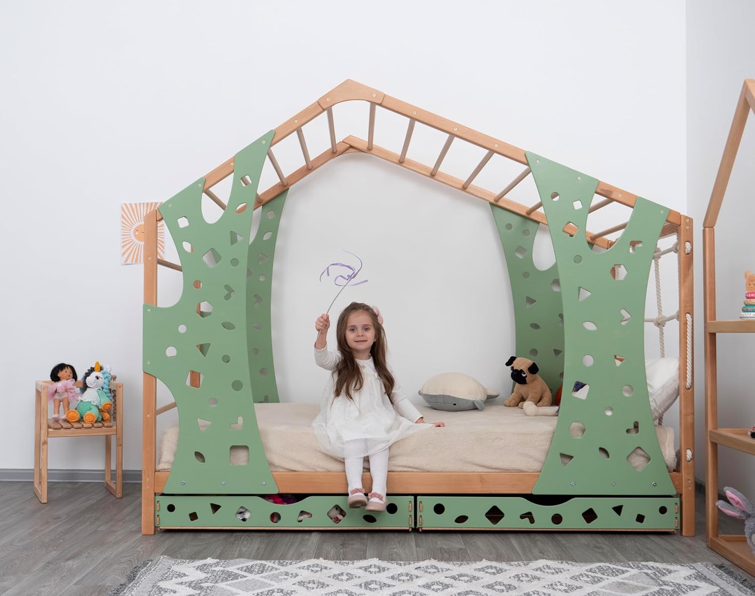 BUSY WOOD Toddler Bed with Drawers - Twin Bed Frame with Storage - Indoor Playground Bed - Montessori Bed - Jungle Gym - Montessori Bed for Toddlers - Monkey Bed with 2 Drawers (Wide&Full Depth)