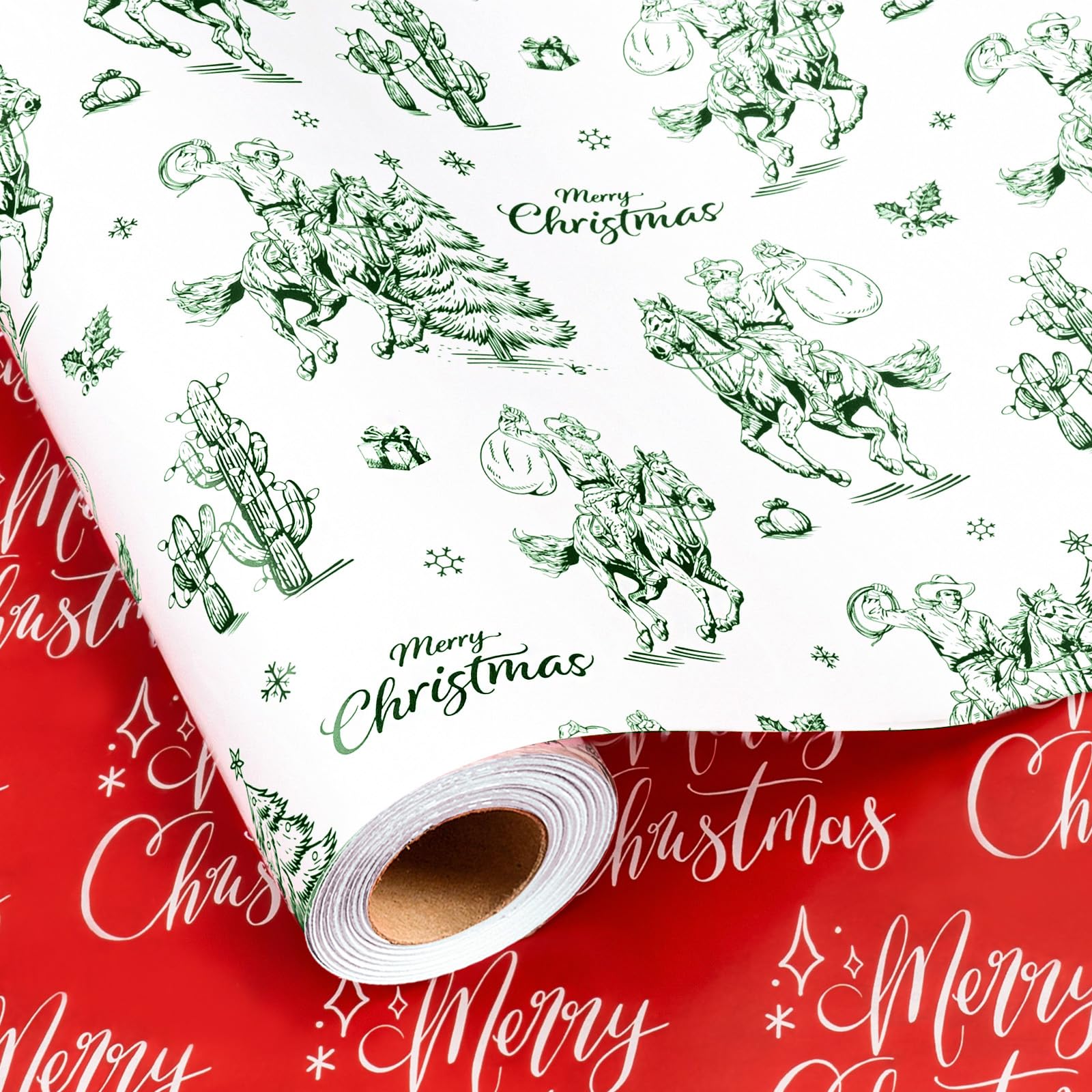 Homeral Western Christmas Wrapping Paper Roll - 43cm x 10m - Vintage Green CowBoy Santa Claus and Red Merry Christmas Reversible Gift Wrap Paper for Xmas, New Year Party Celebration