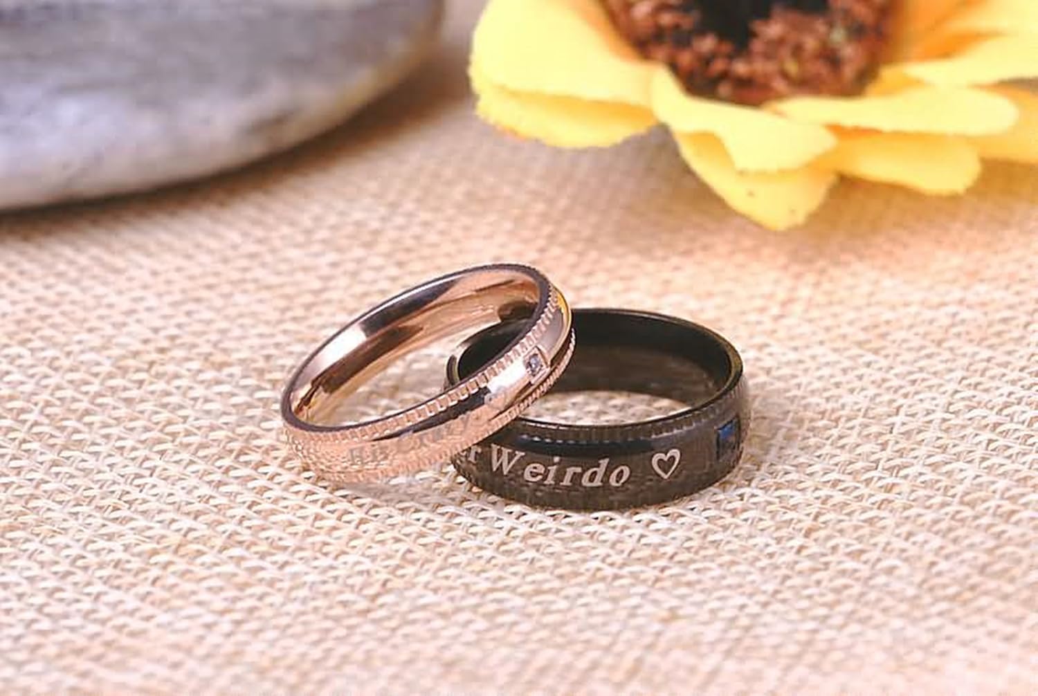 2 Pieces Stainless Steel Couple Rings with Engraving Her Weirdo His Crazy Heart Round Width 6/4MM Engagement Promise Rose Gold Black Women Size 7 & Men Size 10
