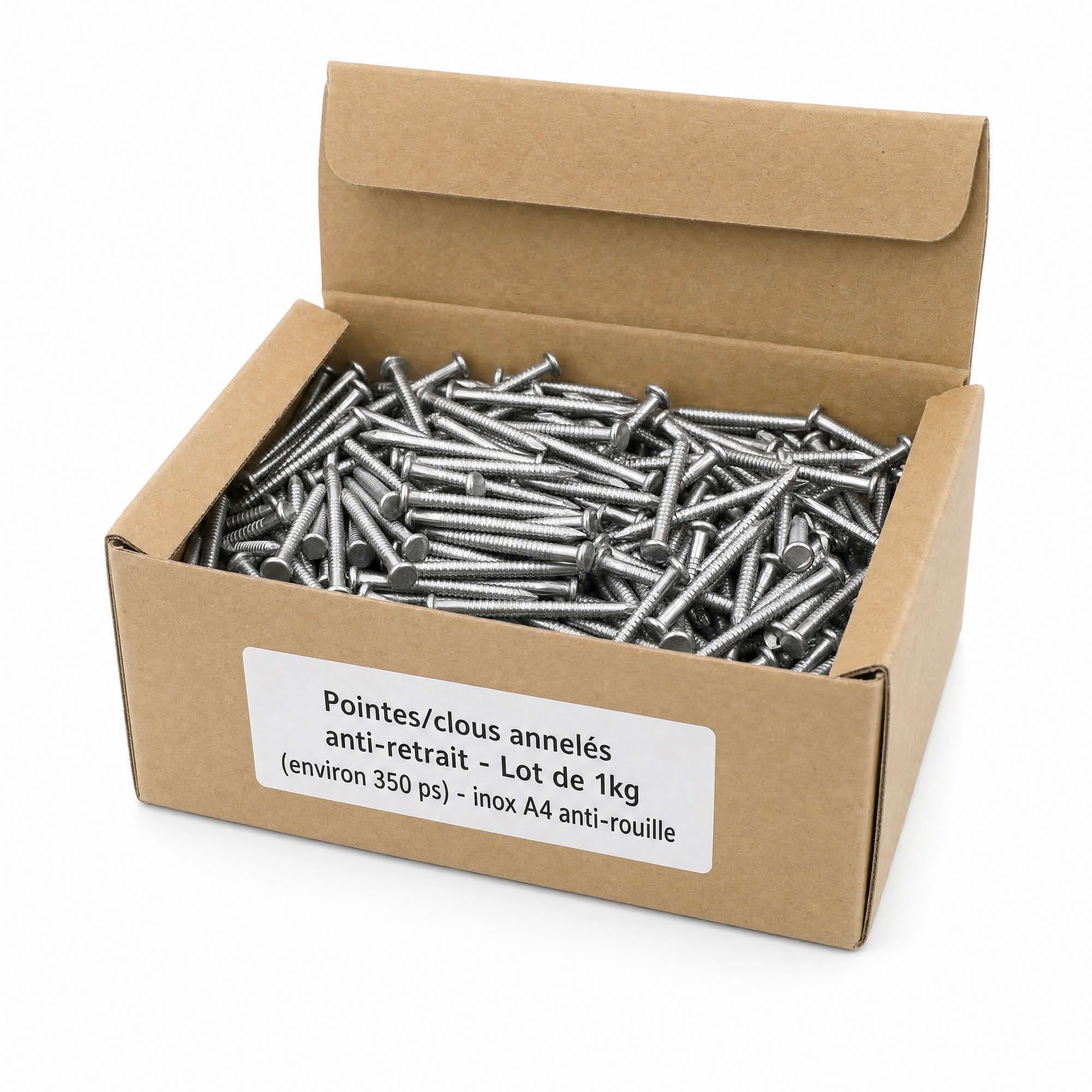 Pointes/clous annelés anti-retrait - Lot de 1kg (environ 350) - inox A4 anti-rouille - Longueur 50 mm - Diamètre 2,5 mm