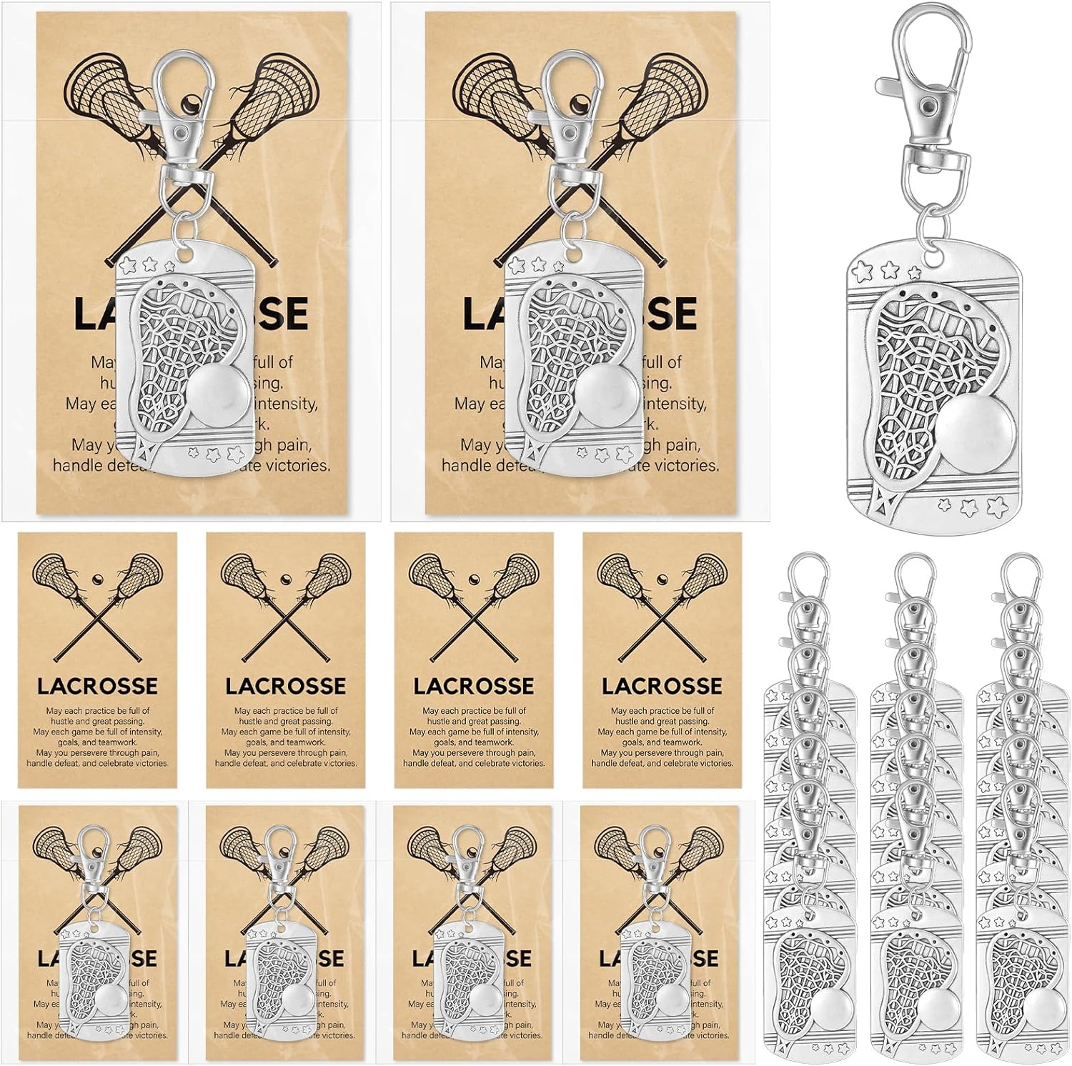 Tondiamo 18 Lacrosse Gift for Boys Lacrosse Keychains Bulk and Cards with Opp Bags Custom Jewelry Gift Accessories for Boys Senior