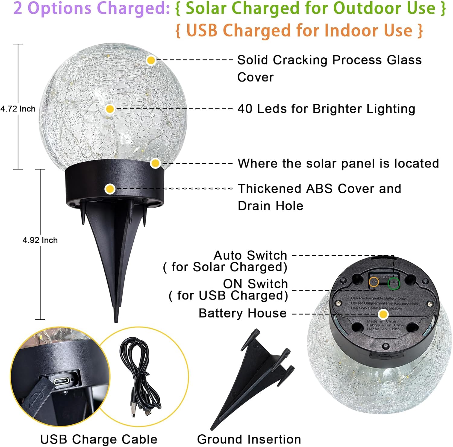 Beautyard Solar Globe Lights Outdoor Large Garden Decor USB Charged 4.72" Diameter 40LED 1000mAh Solar Cracked Glass Globe Lights for Outdoor Indoor Decor (4.72'' Large 2 Pack Colorful)