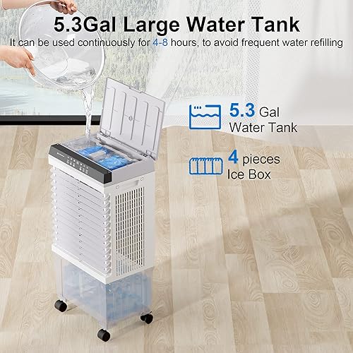 Miniatura 2 de Sungdogin Enfriador de aire evaporativo, enfriador portátil de pantano con control remoto, ventilador de agua con tanque de agua de 5.3 galones,