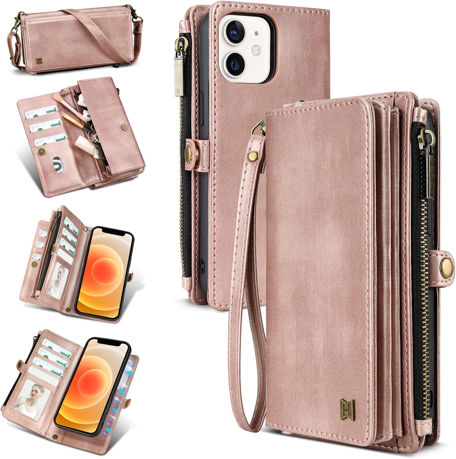 for iPhone 12&12 Pro Wallet Case【RFID Blocking】 PU Leather Phone Case Women Men flip Shockproof Protective Cover with Wrist Strap Zipper Credit Card Holder Slots(Rose Gold)