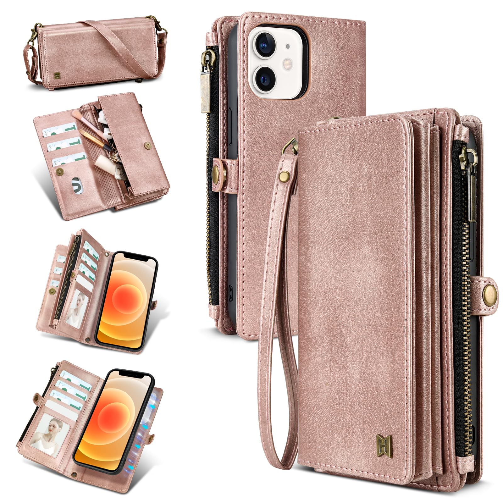 QIXIU for iPhone 12&12 Pro Wallet Case【RFID Blocking】 PU Leather Phone Case Women Men flip Shockproof Protective Cover with Wrist Strap Zipper Credit