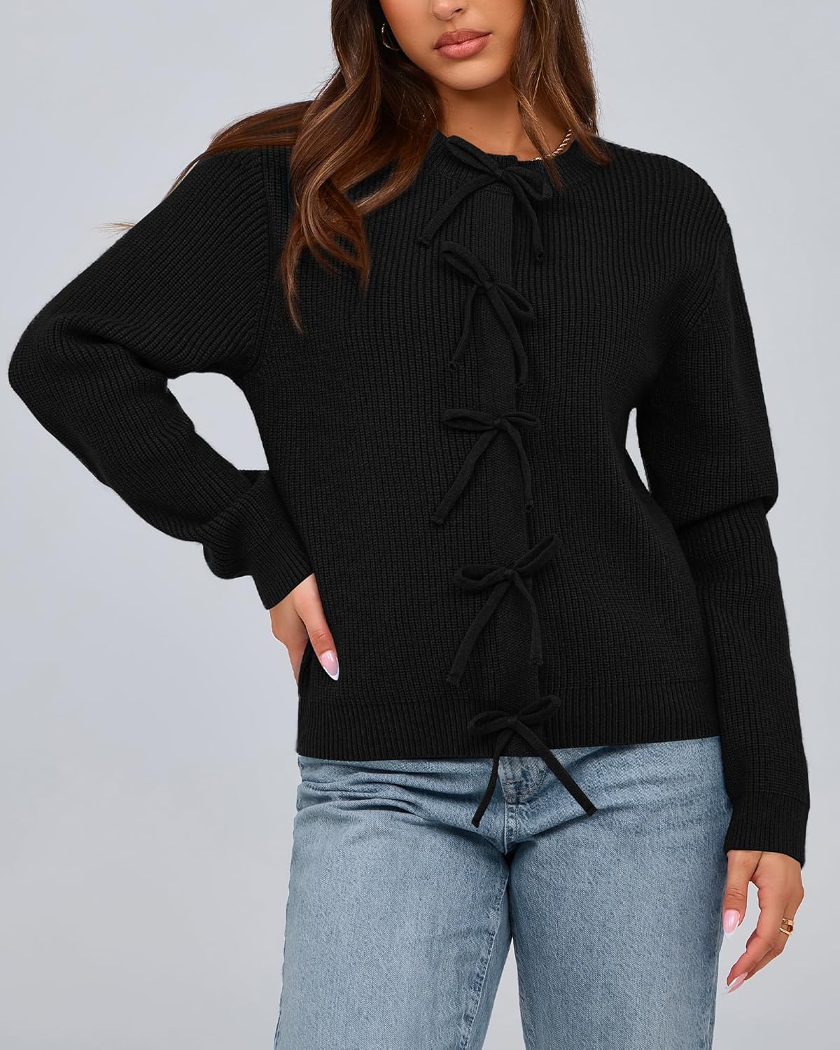 BTFBM Bow Cropped Cardigan Sweaters for Women 2026 Fall Winter Open Front Sweater Long Sleeve Button Fashion Spring Clothes - Image 3