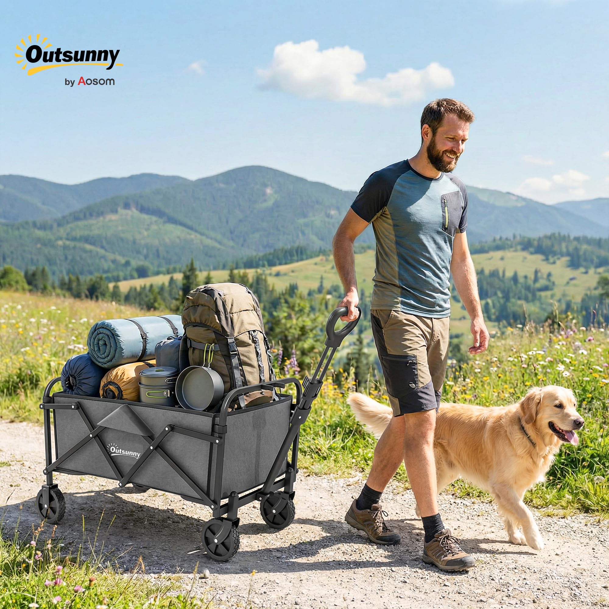 Outsunny Chariot de Jardin Pliable Tout-Terrain - Charrette de Transport Camping 66L Charge 68kg avec Poignée Réglable - Remorque à Main Compacte pour Plage Festival, Gris