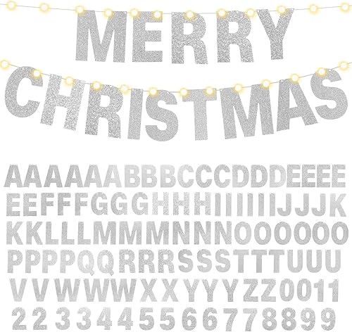 Miniatura 8 de Kit de 112 pancartas personalizables con purpurina para bricolaje, incluye 107 letras y números, 3 cuerdas y 2 letras de luz, decoración