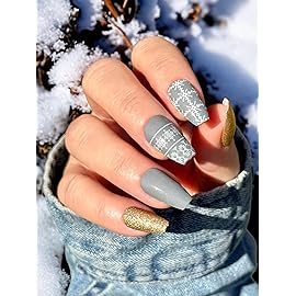 TOUGH GIRLS | 20 Exquisite Gel Nail Polish Strips w/Application Accessories - No UV/LED Lamp Required (Holiday | Knitted Gray & Gold Glitter)