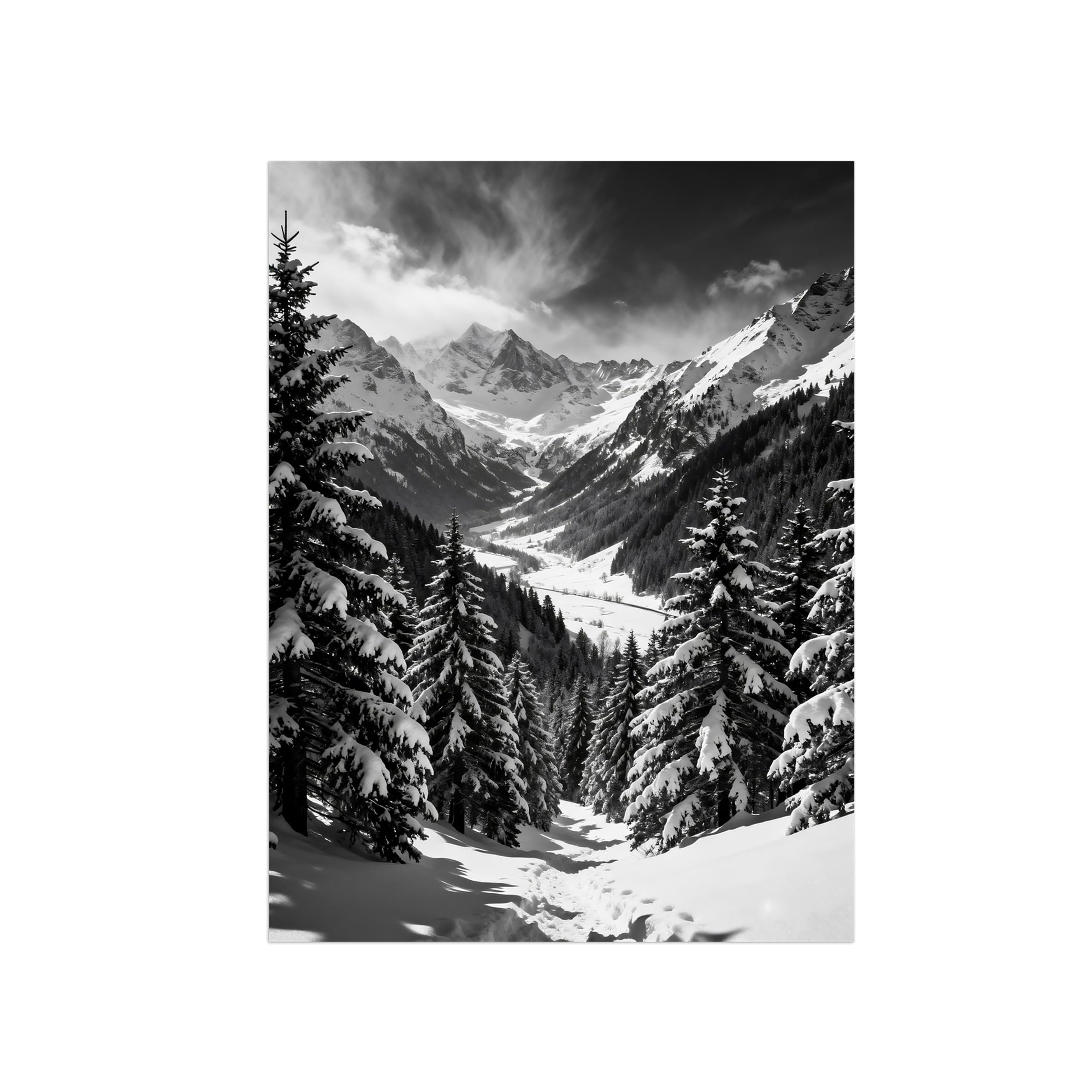 Black White Landscape Wall Art. Snow Mountain Tree. Picture 70x90cm Framed