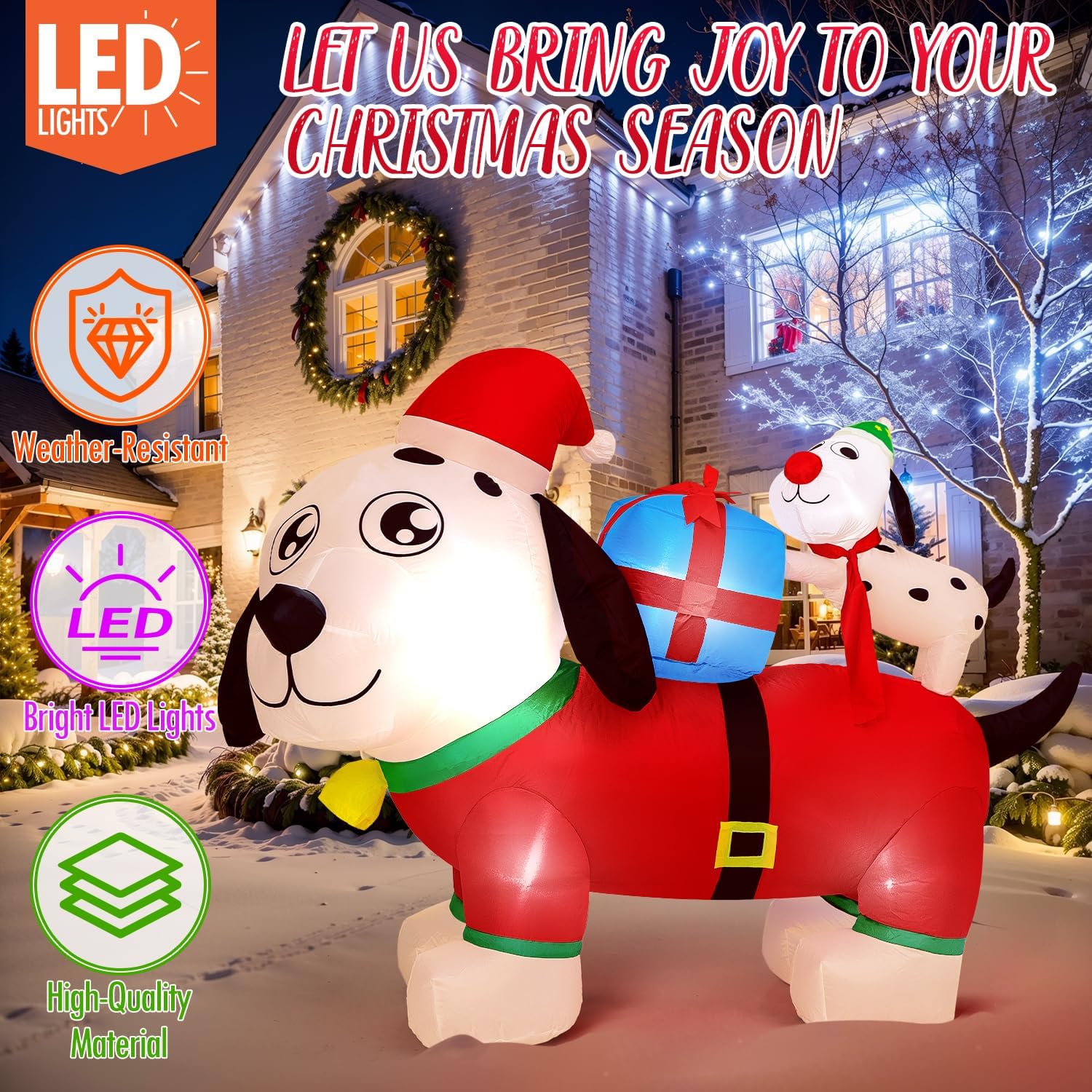 PRESENCE Christmas Inflatables Outdoor Decorations - 5FT Christmas Blow Up Dog Family LED Lights with Gift Box, Winter Decor Xmas Kids Gift for Outdoor Yard Decorations - Image 2