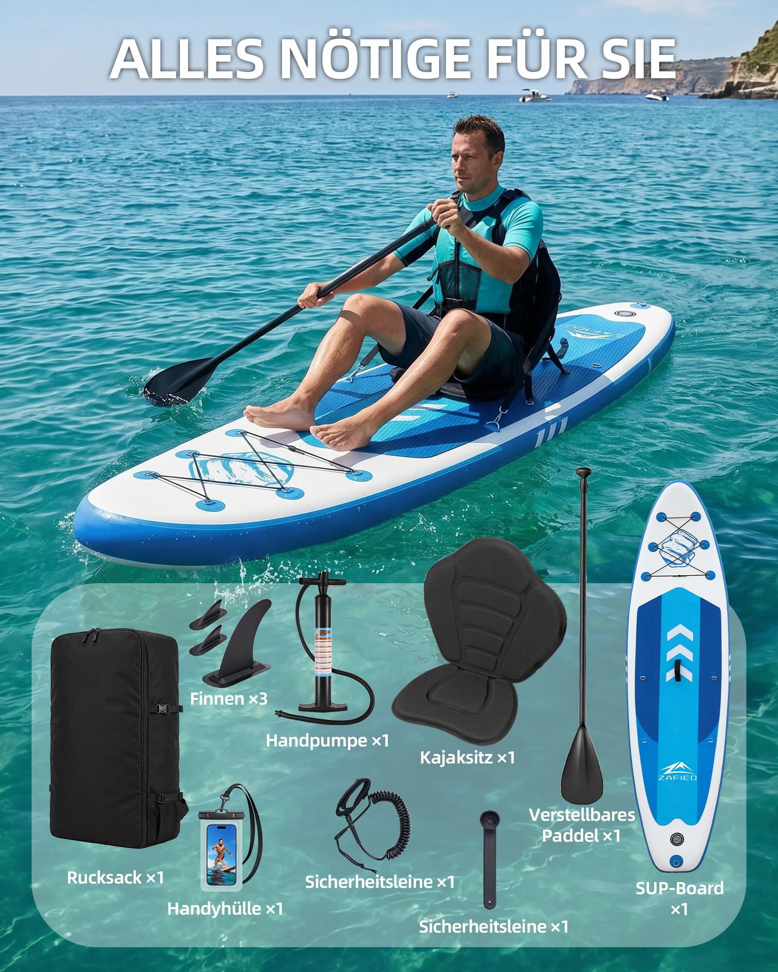 Stand Up Paddling Board, Aufblasbares SUP Board 320×82×15cm Breites Stabiles Design Paddle Board bis 200KG mit Komplettes Zubehör für Erwachsene & Einsteiger