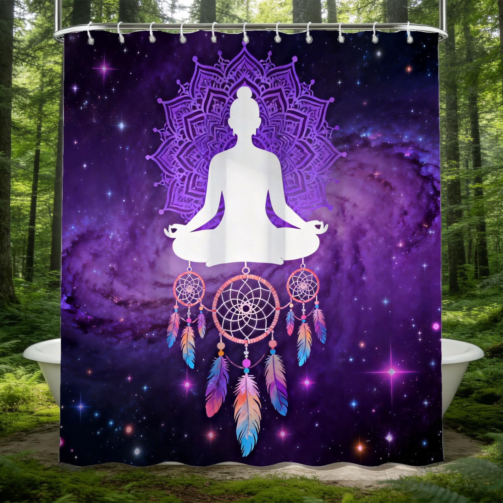 Hongduo 3D Yoga Shower Curtain for Stalls Bathtubs Feather Bathroom Decor Shower Curtain Set Polyester Fabric Waterproof 180x200cm/71X79 Inch with Hooks