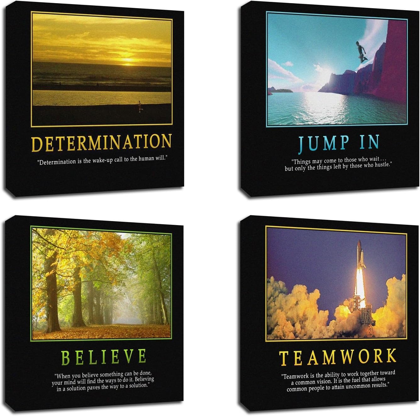 4Pcs x Motivational Quotes Motto Inspirational Success Teamwork Canvas Stretched Wood Framed Combine Modern Abstract Art For Home Room Office Wall Print Decor 12x12 (30x30cm) (657-660)