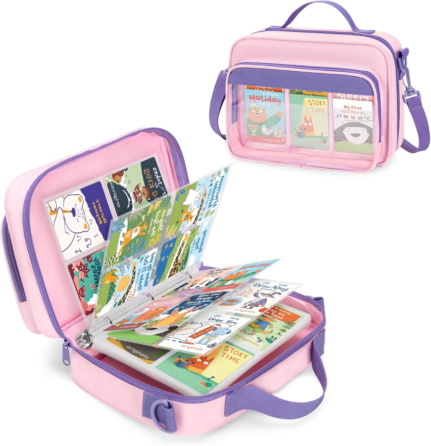 LoDrid Trading Card Binder 4 Pocket Compatible with Yoto Cards with 50 Removable Sleeves Holds up to 409 Cards, Card Case with Handle and Shoulder Strap for Travel, Pink, Bag Only, Patent Design