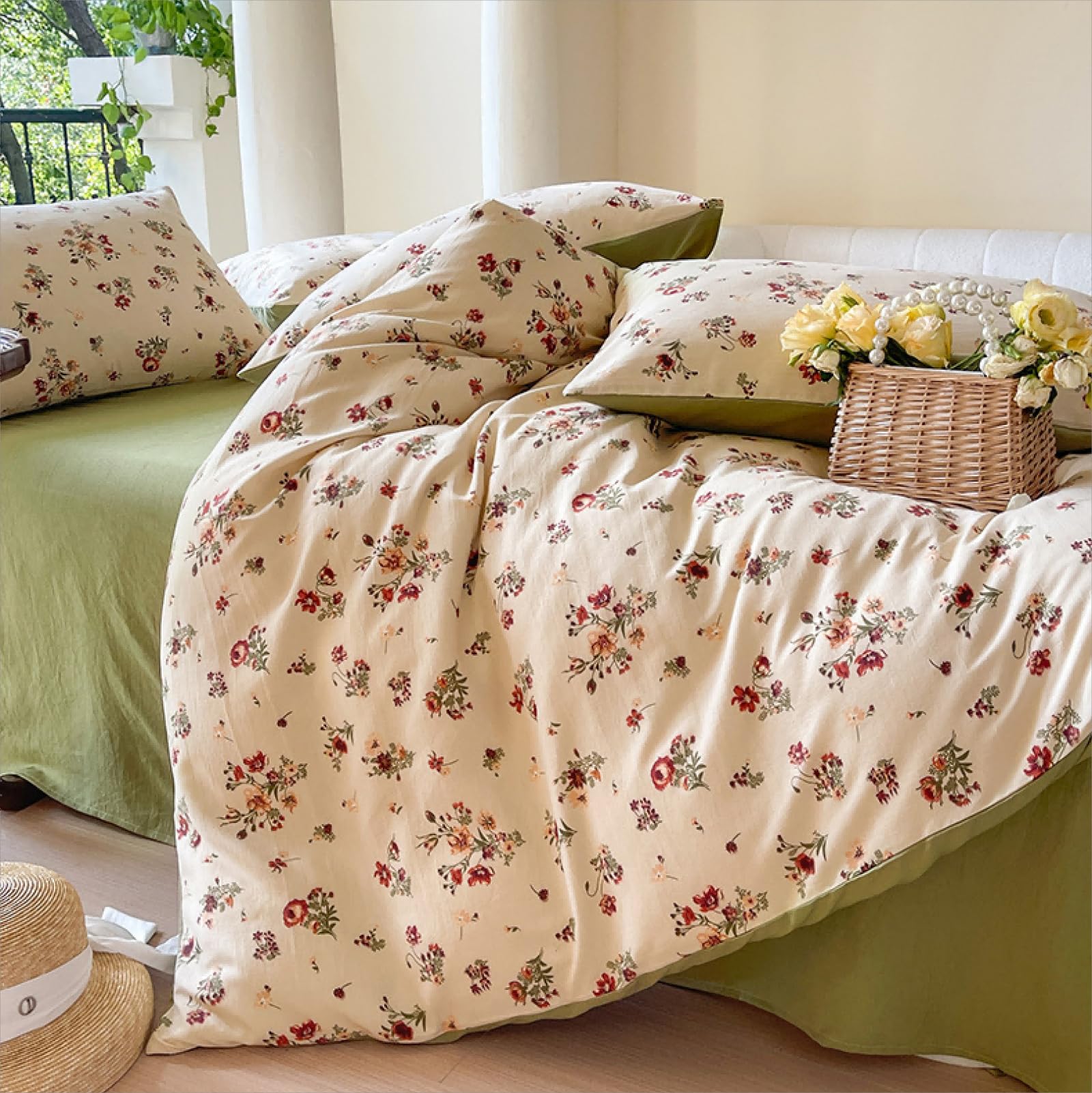Housse de couette fleurie 240x260 cm avec 2 taies d'oreiller beige et coloré