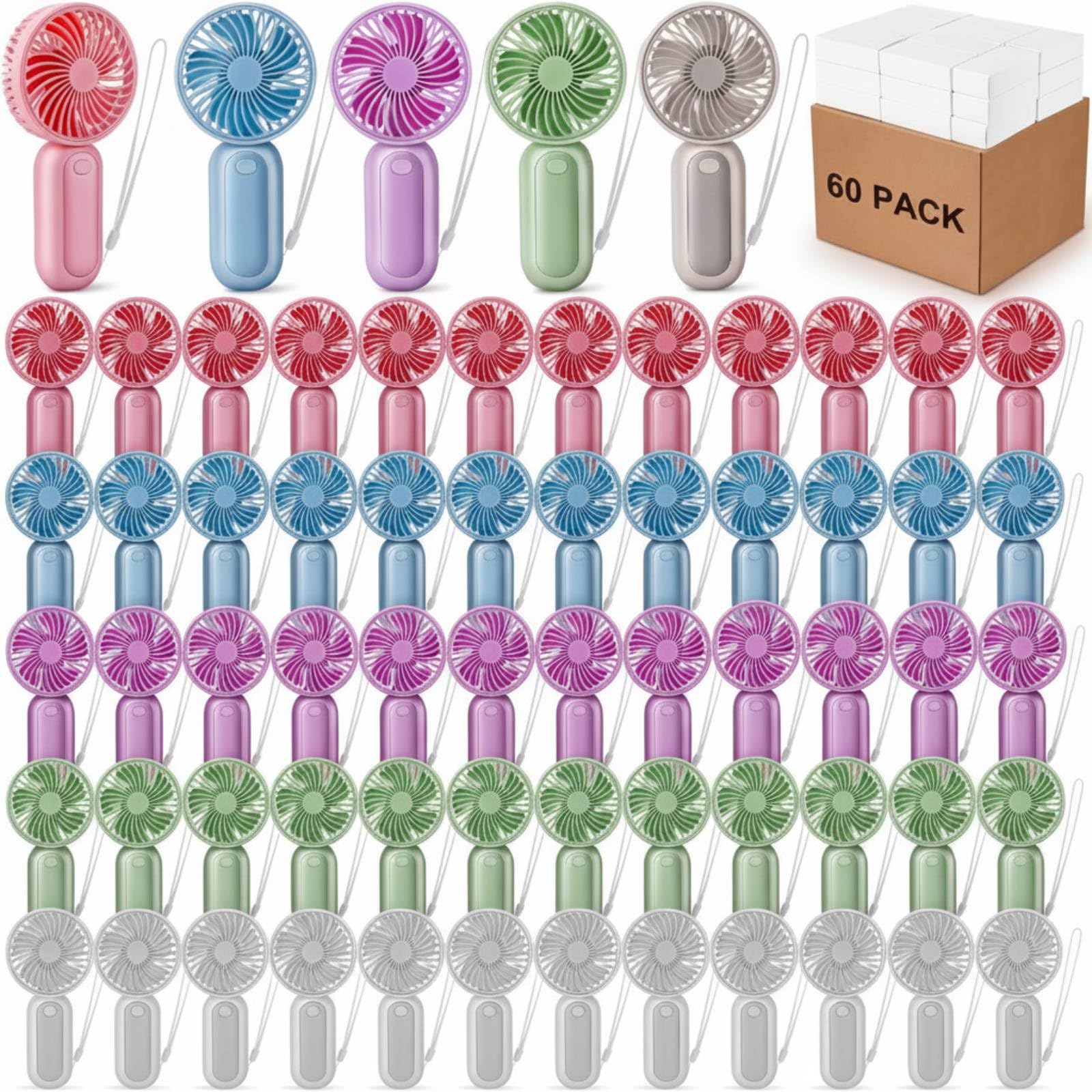 Woanger Mini-Handventilatoren, 60 Stück, persönlich, tragbar, Geschenke für Hochzeit, Sommer, Reisen, Strand, Fitnessstudio, Büro, Make-up, Innen- und Außenbereich, (Lany-Stil, 5 Farben)