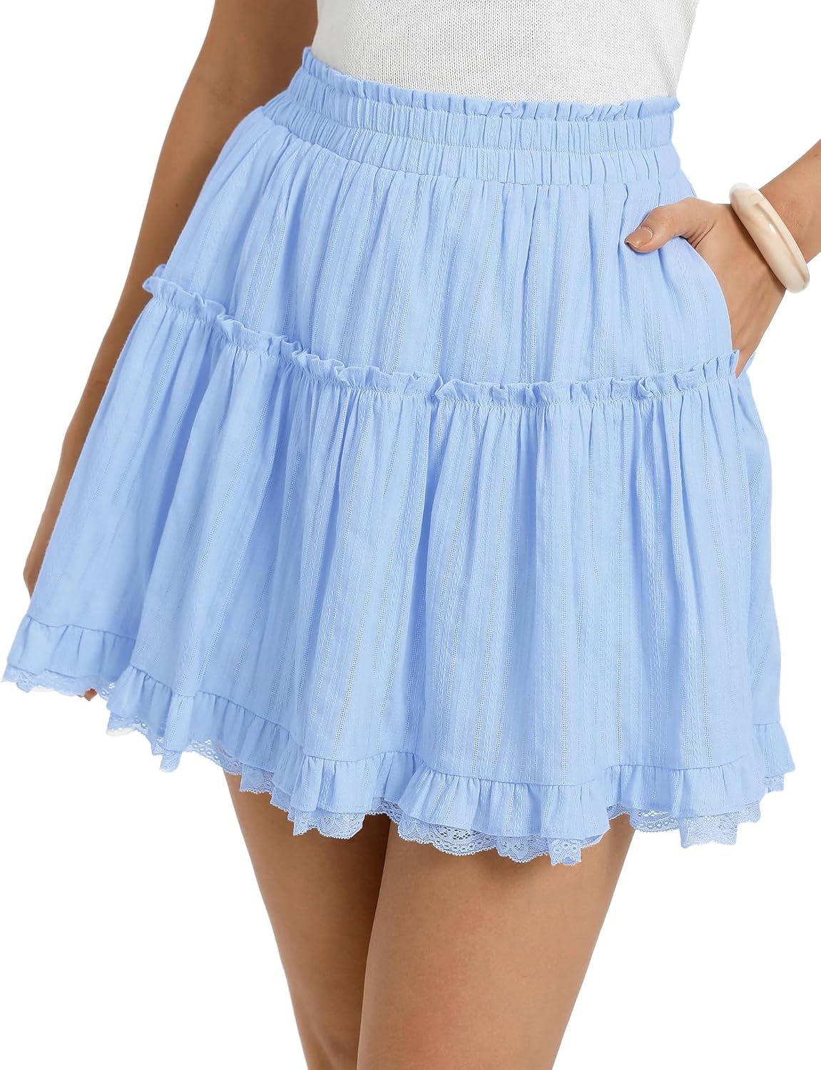 Kate Kasin Women Cotton Mini Skirts with Shorts Underneath, Ruffle Lace Skirt Flowy, Tiered Skorts with Pockets - Image 6
