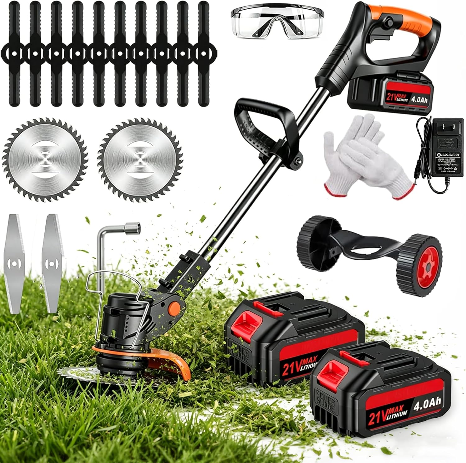 21V Cordless Weed Wacker, 2×4.0Ah Battery Powered Weed Trimmer, Electric Weed Eater with 3 Types Blades, Adjustable Cutting Height & Angle, Brush Cutter & Edger Lawn Tool for Garden Yard Care